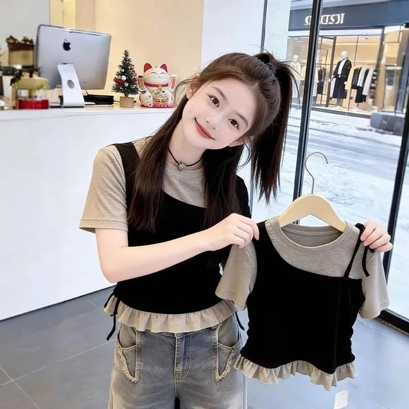 Girls' Patchwork Color Block Short Sleeve Korean Kids False Two-Piece T-Shirt Summer Children Fashion Version Tops Tees Gifts