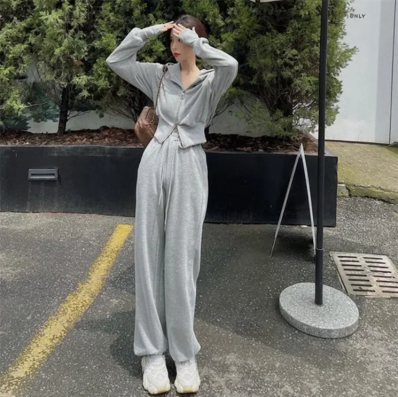 

Spring Autumn Tracksuit Women Two Piece Set Korea Zip Up Hoodie Drawstring Sweatpants Casual Pants Solid Sportswear Suit Y2k