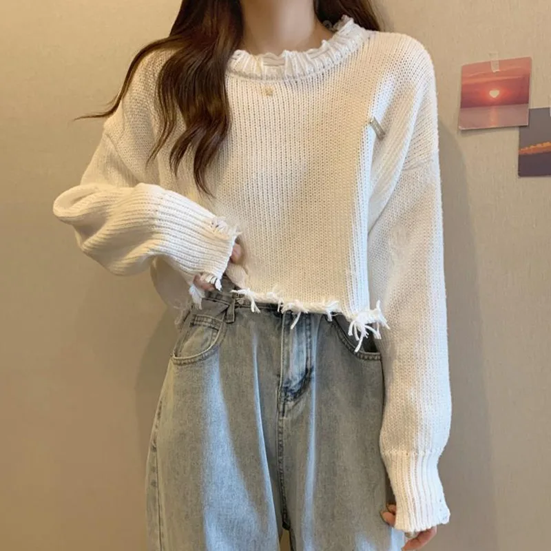 Women Sweater Coat Korean Styke Fashion Design Lazy Loose Vintage Worn-out Round Neck Pullovers