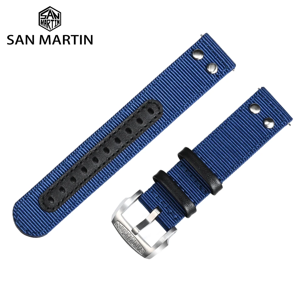 San Martin Watch Straps 20mm 22mm Watchband Fashion Rivet Stitching Quick Release Spring Bar Self Made Premium Pin Buckle Loops