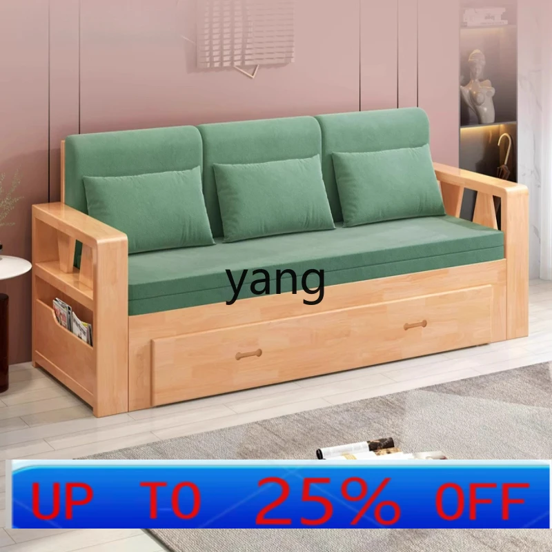 LTT Multifunctional Sofa Bed Solid Wood Foldable Sofa Rubber Wood Living Room Sofa Integrated Dual Use