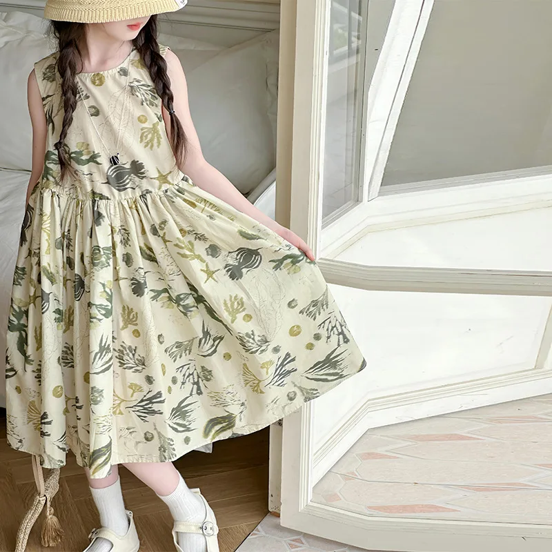 Girls Floral Beach Sundress Sleeveless Tank Maxi Princess Skirt Summer Casual Kids Dress Little Girl Holiday Beach Outfit