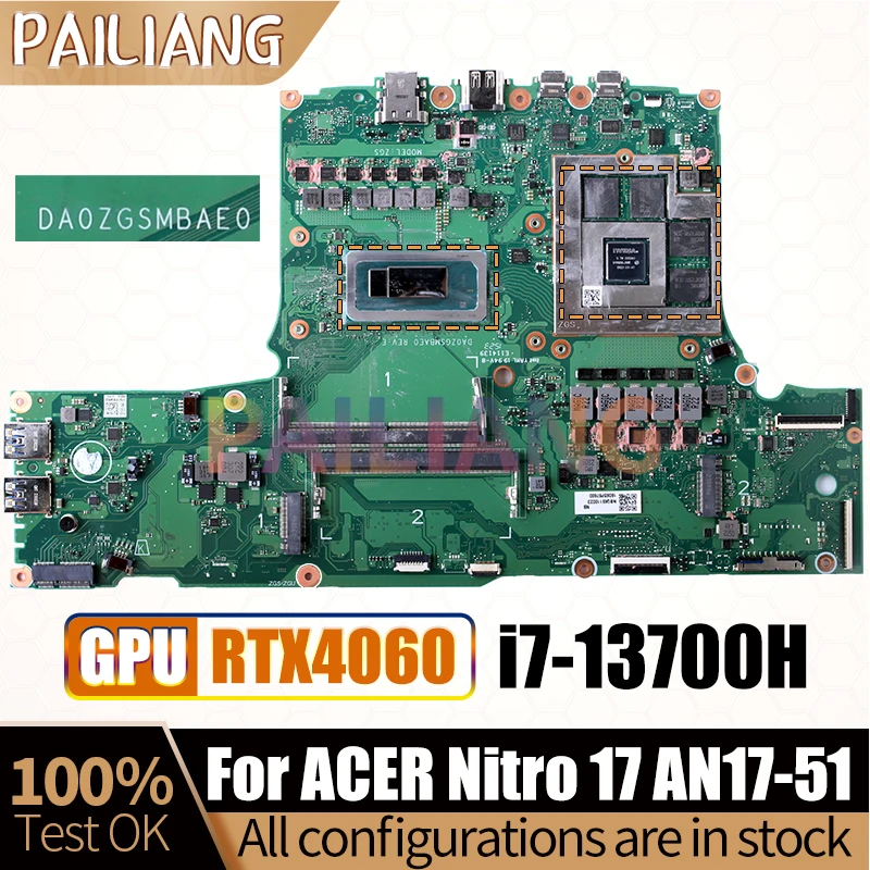 For ACER Nitro 17 AN17-51 Notebook Mainboard DA0ZGSMBAE0 SRMJ1 i7-13700H RTX4060 8G GN21-X4-A1 Laptop Motherboard Full Test