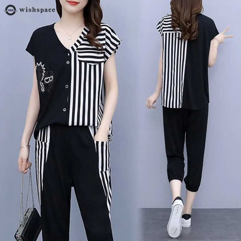 2022 New Spring and Summer Fashion Casual Stripe Suit Large Loose Comfortable Age Reduction Two-piece Women's Suit