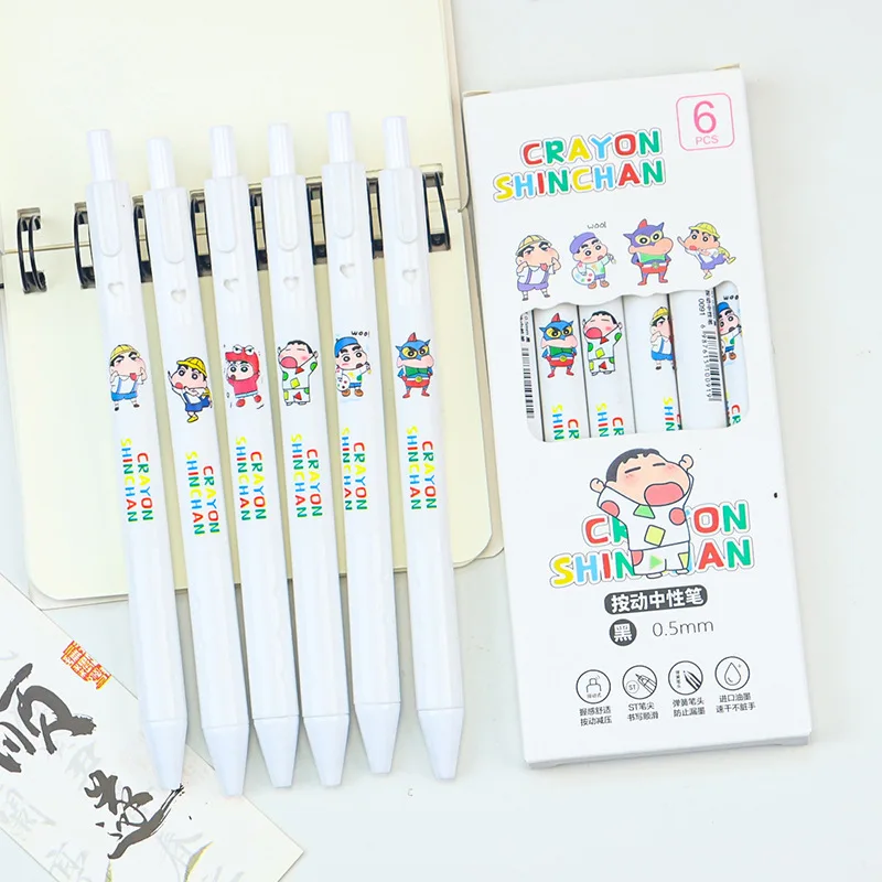 

6 Pcs/Set Crayon Shin-chan Limited Edition High Quality Gel Pen Cartoon Series Black 0.5mm Student/Office Daily Stationery Gifts