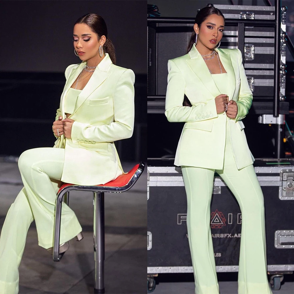 Light Green Women Blazer Suits 2 Pieces Peaked Lapel Pocket Jacket Flare Pants One Button Fashion Party Casual Set