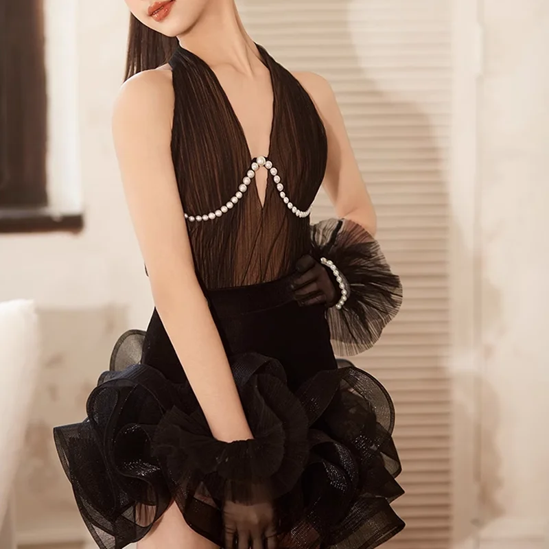 

Черная одежда для бальных танцев с открытой спиной и рукавами для самбы, румбы, ча-ча, тренировочная одежда для соревнований, детское платье для латинских танцев