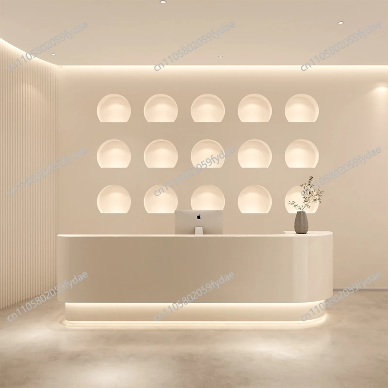 Clothing Store Reception Desks Logo Led Beige Cashier Front Reception Desks Restaurant Design Rezeption Theke Furniture Office