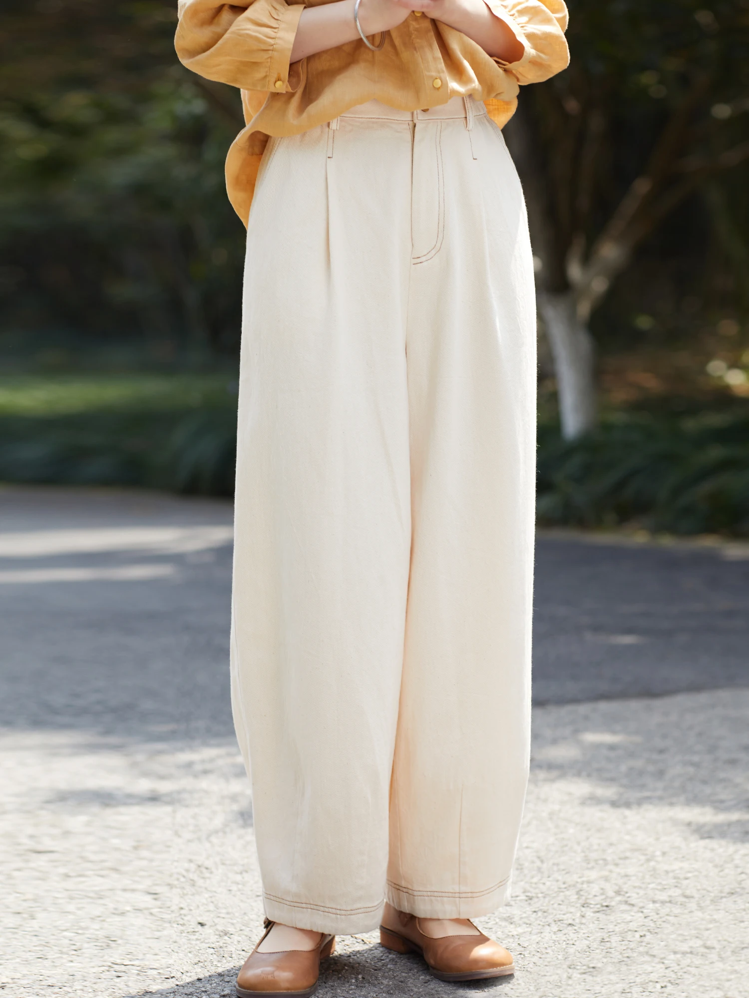 

Spring Collection Han Hanflax Cotton Twill Denim Pants High Waist Loose Fit Ladies Casual Trousers Artistic Style Pure Color