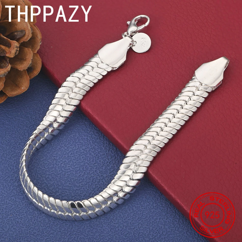

THPPAZY 10mm Flat Side Chain 925 Sterling Silver Bracelet Fashion Charm Trendy Gift Christmas Party Simple Versatile Jewelry