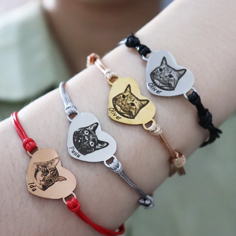 Custom Heart Pet Portrait Bracelet, Adjustable Gift