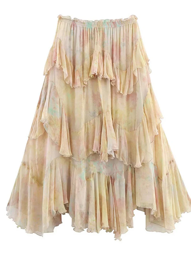 French Style Floral Lace A- Line Skirt Spring Autumn Women's New Style Ruffled Skirt Printed Half-length Skirt