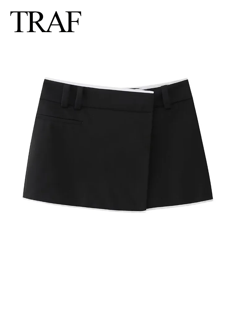 

TRAF Woman A-Line Mini Skirt Elegant Vintage Chic High Waisted Women Shorts Asymmetrical Black White Contrast Female Culottes