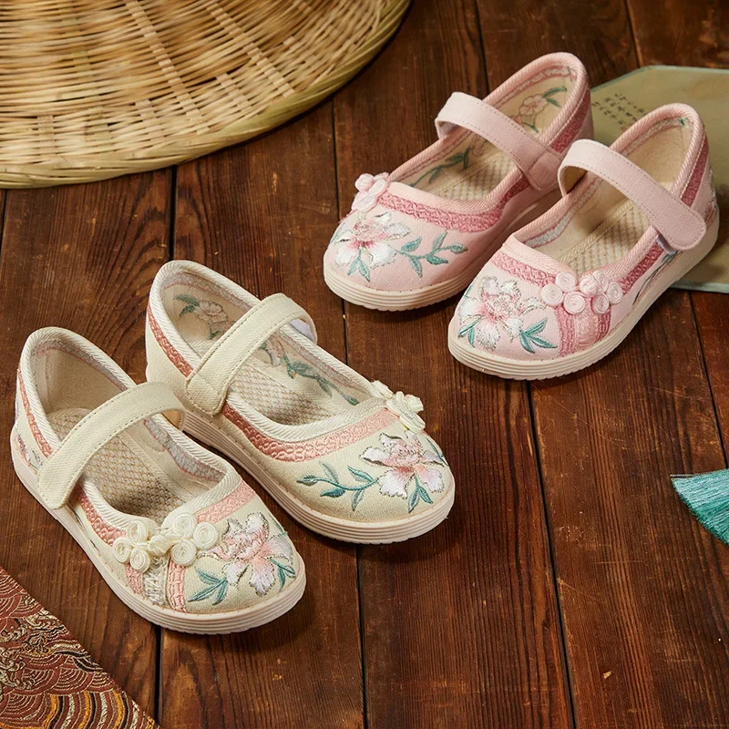 Elegant Girl Princess Shoes Handmade Embroidery Children's Flats Fashion Chinese Traditional Style Kids Causal Hanfu Cloth Shoes