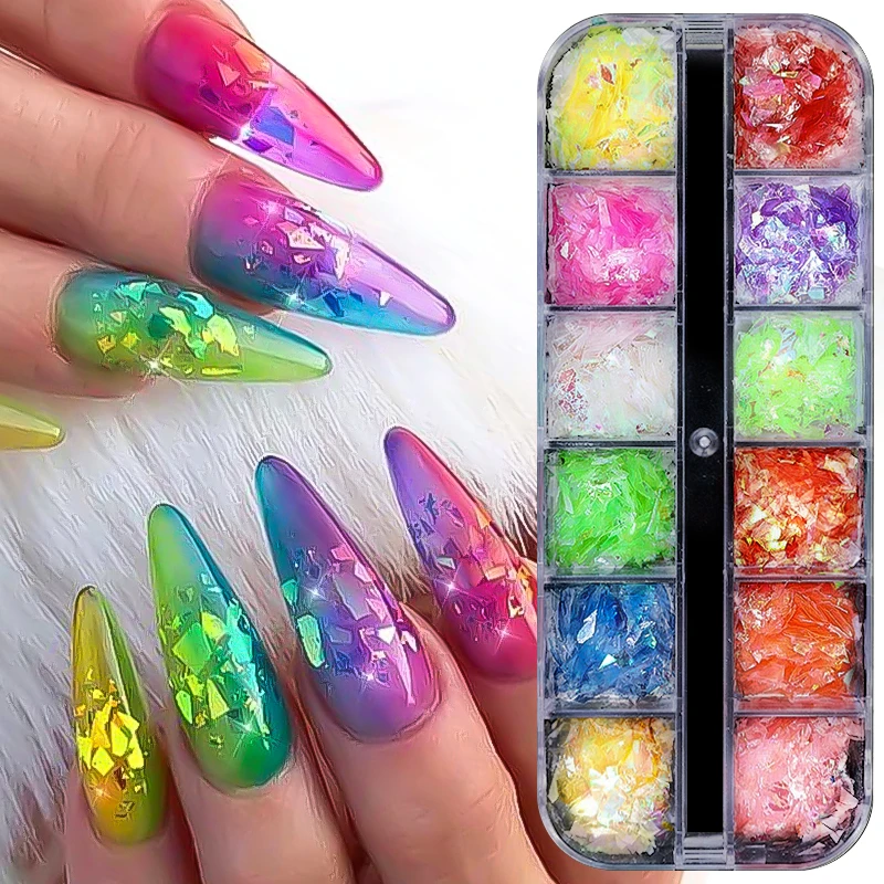 Colorido Aurora Prego Glitter Flocos, Super Espumante, Irregular Cristal Lantejoulas, Encantos do pó, Nail Arts Decoração, 12 Grades