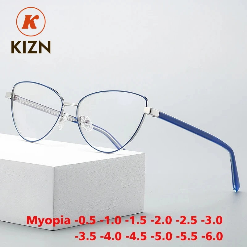 

KIZN Cat Eye Myopia Glasses Frame Fashion Metal Discoloration Women Anti Blue Light Prescription Optics Eyewear -0.50 TO -10