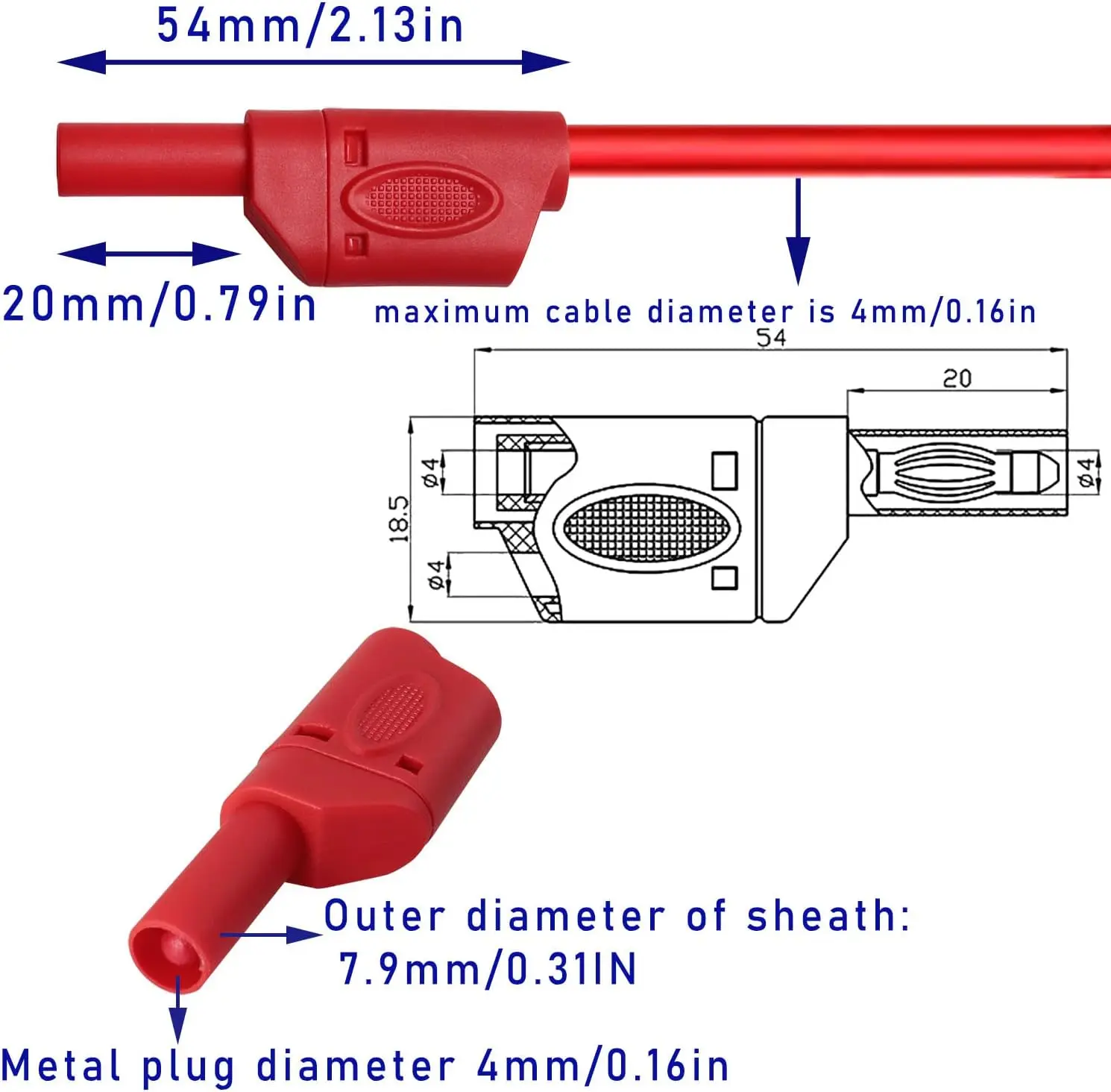 10/20/100 PCS 4mm Safety Fully Insulated Multimeter Test Leads Banana Plugs Male Stackable Connectors with Banana Jack Adapters