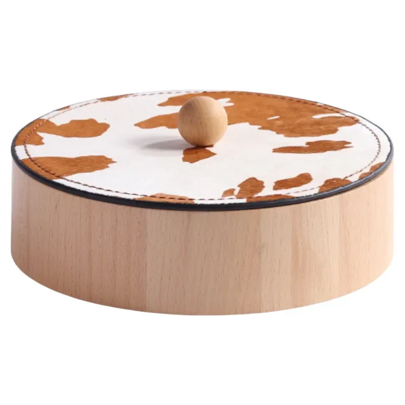 Modern Luxury Brown White Cow Pattern Round Storage Box Tray for Jewelry Dresser Organizer Soft Home Decoration Ornament