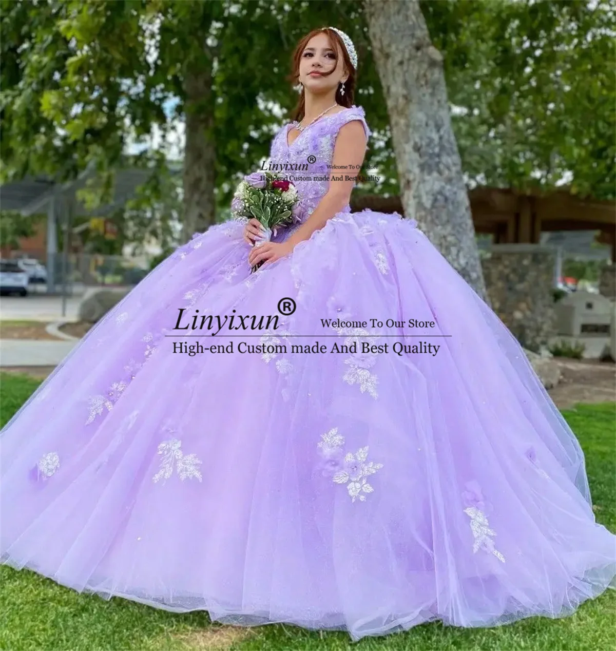 Lavender Ball Gown Quinceanera Dress 3D Flowers Applique Sweet 16 Dress V Neck Customized Corset Mexico Vestidos De XV 15 Años