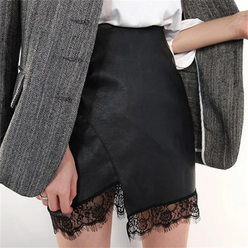 

High waist irregular pu leather skirt lace black A-line skirt
