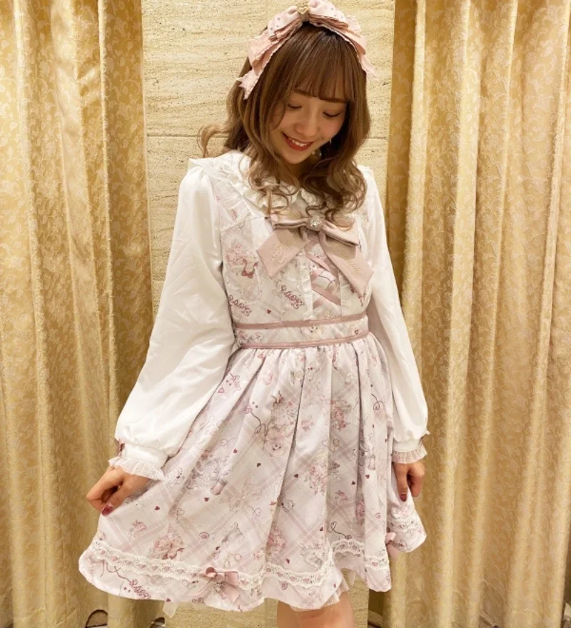 New Spring Japanese Liz Sweet Embroidery Bow Bear Printed Long Sleeve Dress Girl Women's Lolita A Line Above Knee Dresses