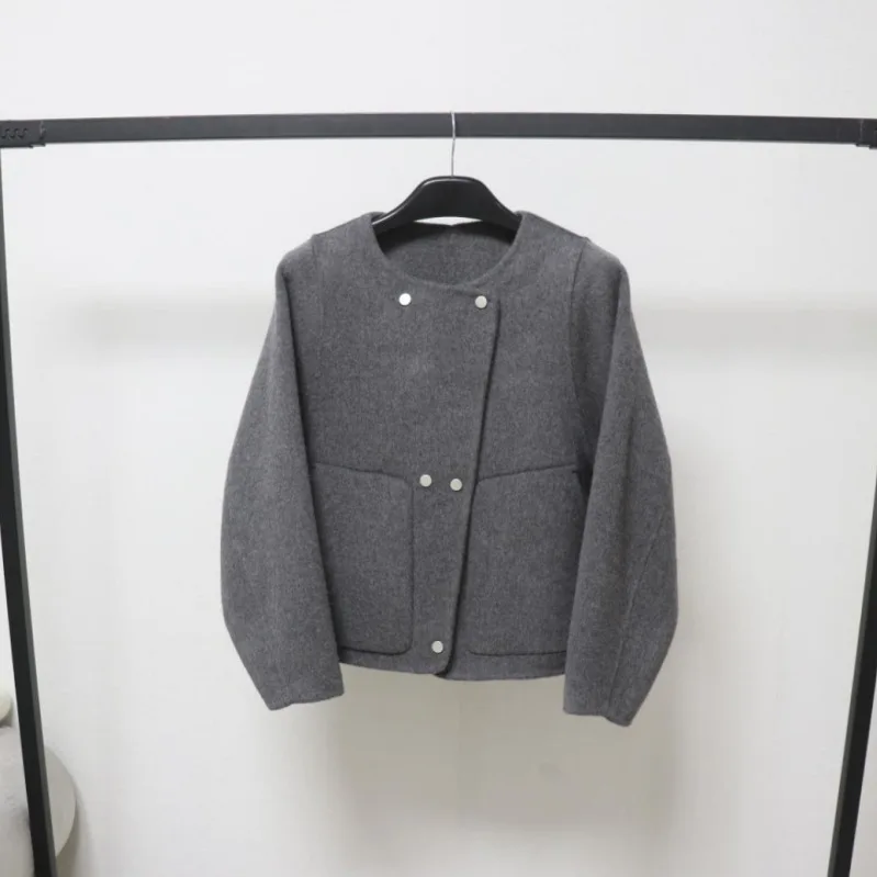 

Women's Autumn Winter Wool O Neck Double Breasted Loose Short Jacket Lady Streetwear Chic Solid Color Wool Outwear Top