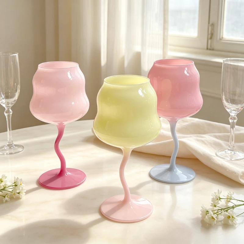 Macaron Color Twisted Stem Glass Goblet Ins Cream Style European Wine Cup Cute Aesthetic Glass for Juice Wine Home Daily Use