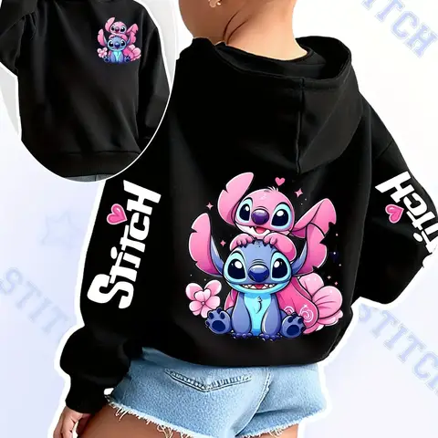 2025 Disney Hoodies Fashion Stitch Angel Monster Pocket Sweatshirt Pullover Cute Hoodies Girls Kids Sweatshirt Cartoon Tops Y2k