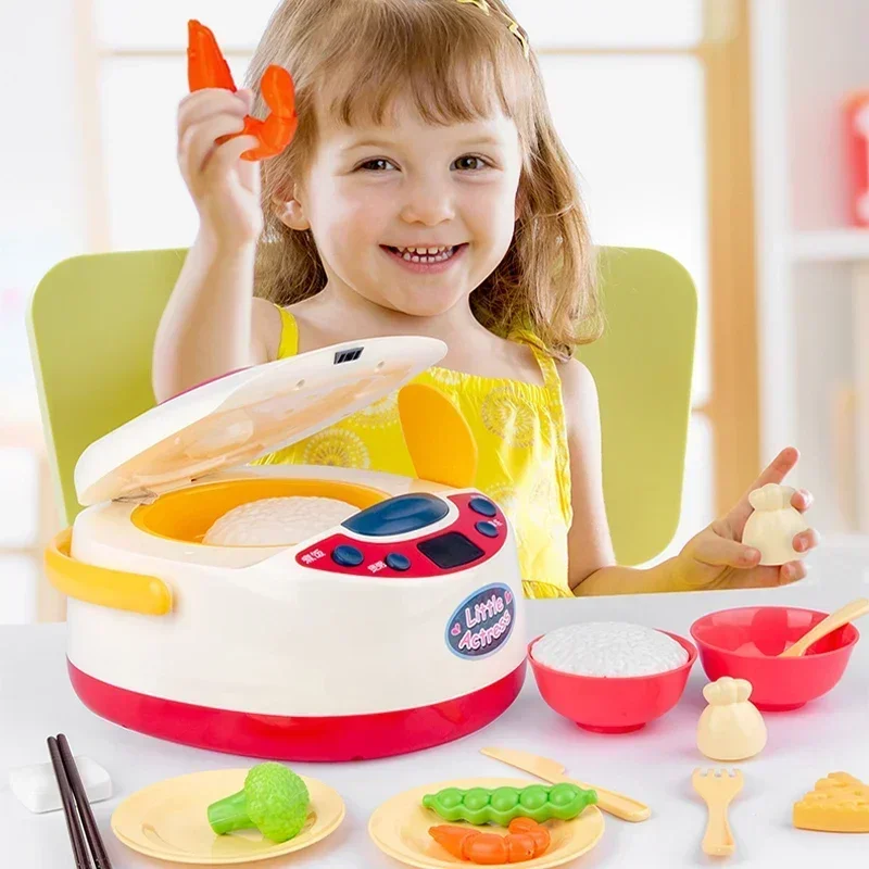 19pcs/set Spray Sound Music Electric Rice Cooker Interactive Toy Simulation food Fruit Vegetable Kitchen Cooking Tableware Set