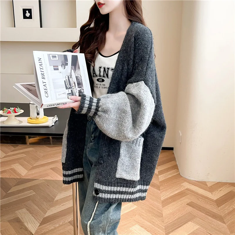 

#4024 Autumn Winter Spliced Color Knitted Cardigan Sweater Coat Women Single Breasted Knitwear Cardigan Femme Batwing Sleeve