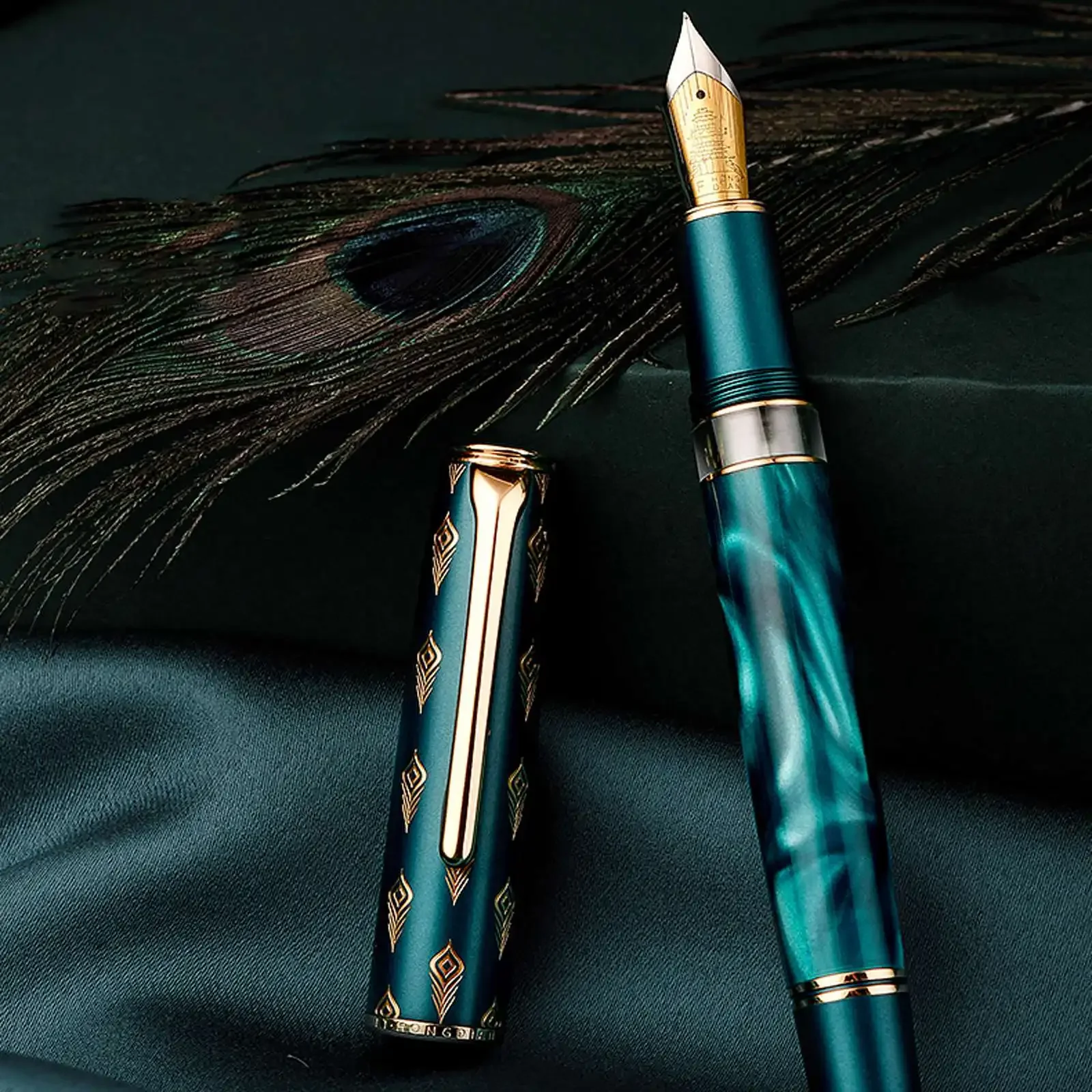 Hot Hongdian N7 Resin Fountain Pen Beautiful Peacock Totem Cap Piston inking EF/F nibs Smooth Writing ink Pen Office supplies