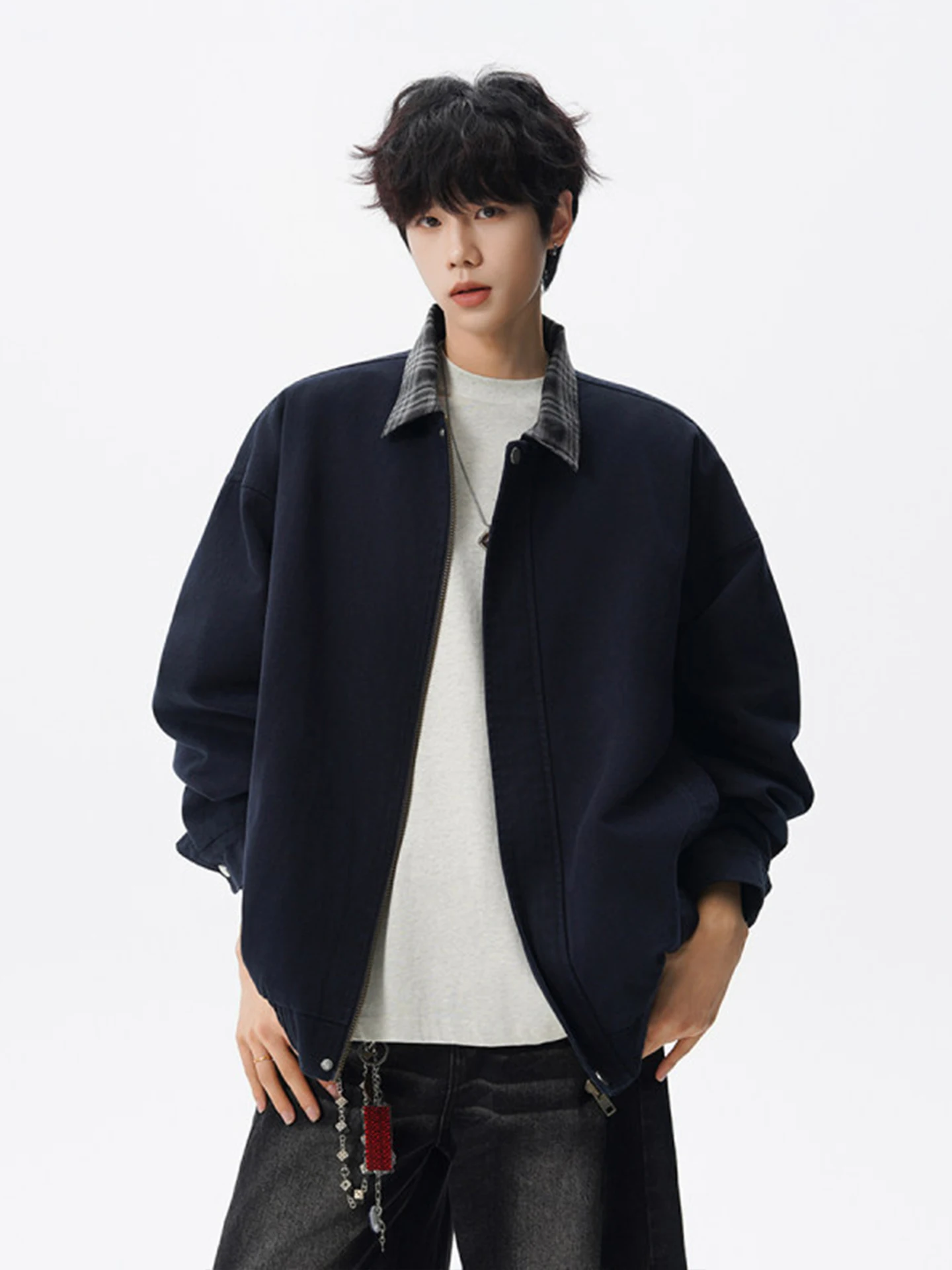 

Waed Plaid Collar Workwear Jaet Men's Harington Sle Autumn American Retro Cleanfit Top Loose Fit Color Blo Cotton Coat