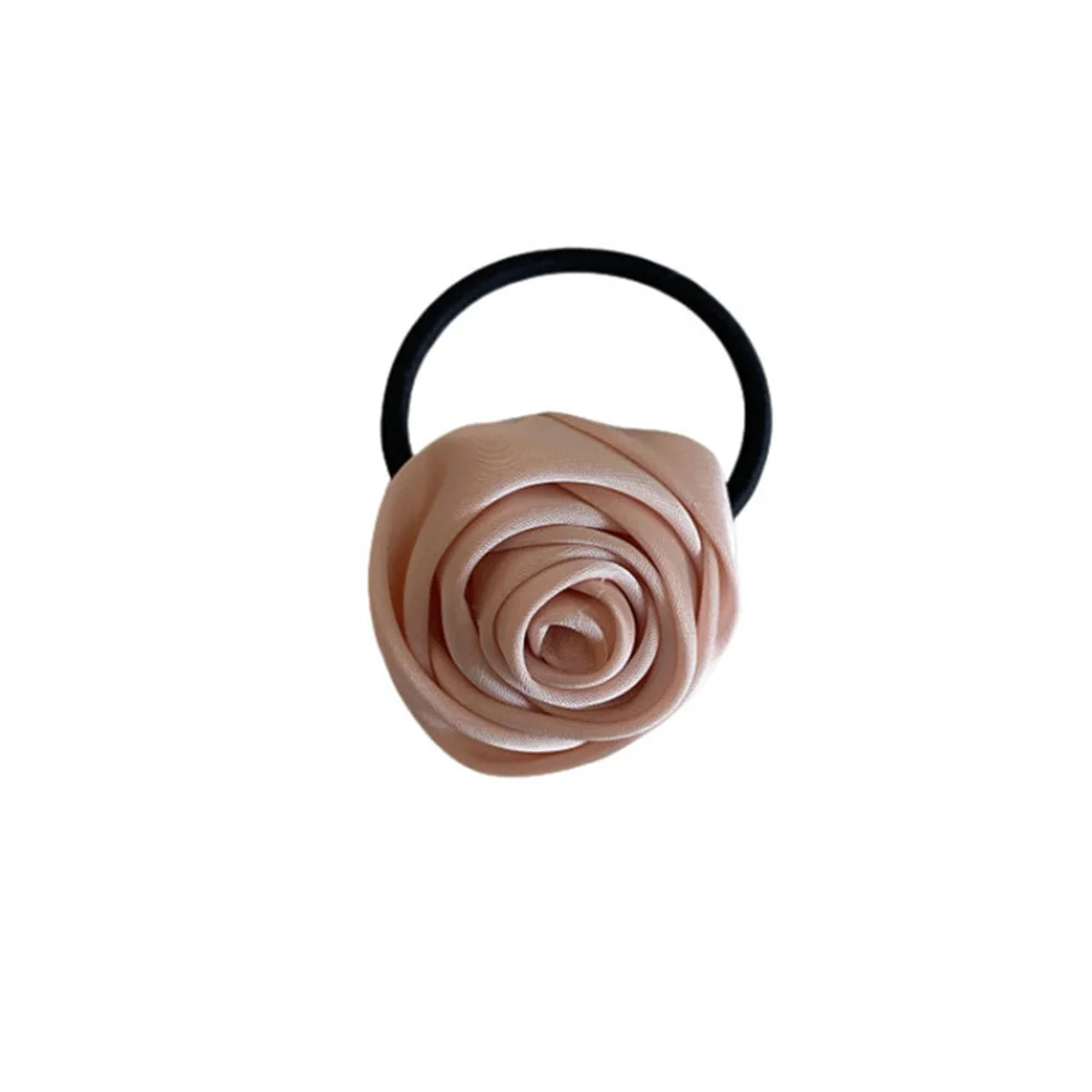 Scrunchies de flores rosas de satén francés para mujeres y niñas, coleta Floral dulce coreana, banda elástica para el cabello, tocado de cuerda para