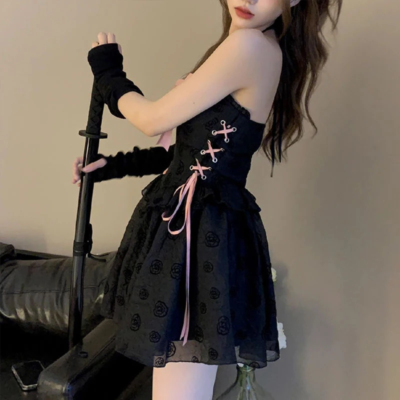 Lolita Black Dresses Goth Puff Sleeve High Waist Vintage Bandage Lace Trim Party Gothic Clothes Y2K Summer Dress Woman 2023 New