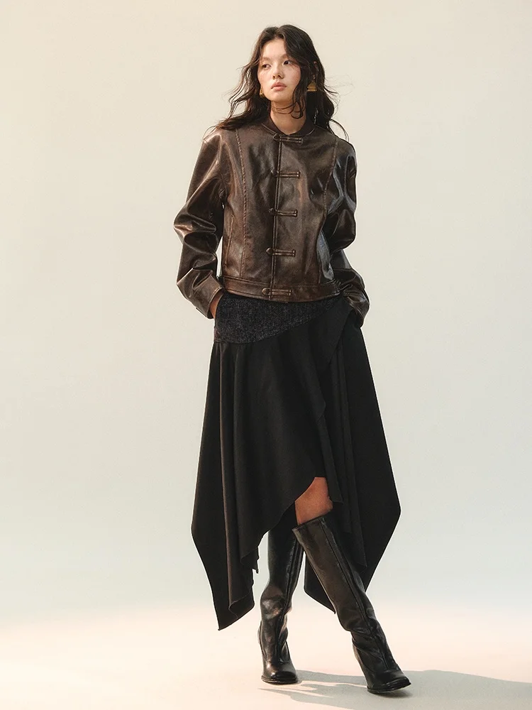 Genetic Design Brown Leather Jaet Women's ort Sle Faded Texture AnnoMundi Casual Faion PU Coat for Young Ladies