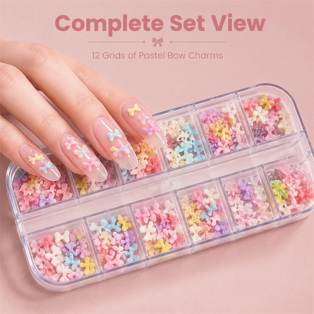 12Grids Cute Pastel Mini Bow Nail Charms Solid Transparent Resin 3D Bowknot Decor Mixed Color For Nail Art DIY Manicure