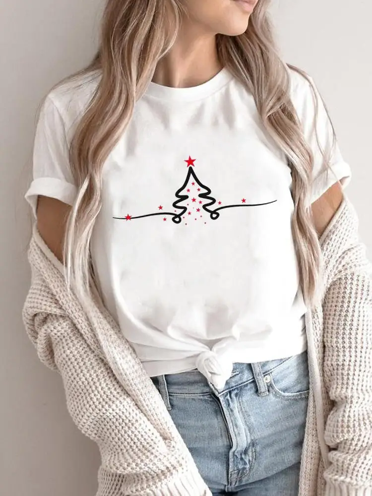 Moda Nowy Rok T-Shirts Print Top Graphic Tee Tree Star Lovely 90S Trend Wesołych Świąt Women Holiday Casual Shirt Clothing