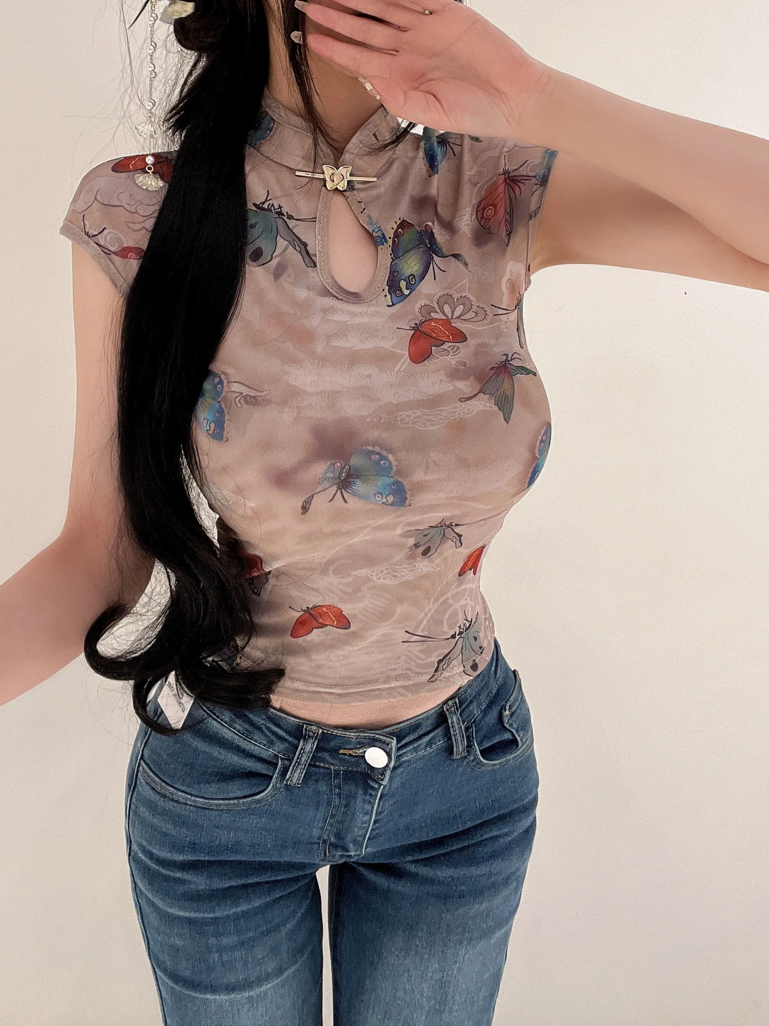 

New Chinese Style Short Sleeved Mesh Stand Up Collar Cheongsam Small Top Women Summer Pure Desire Flying Sleeve Tank Tops