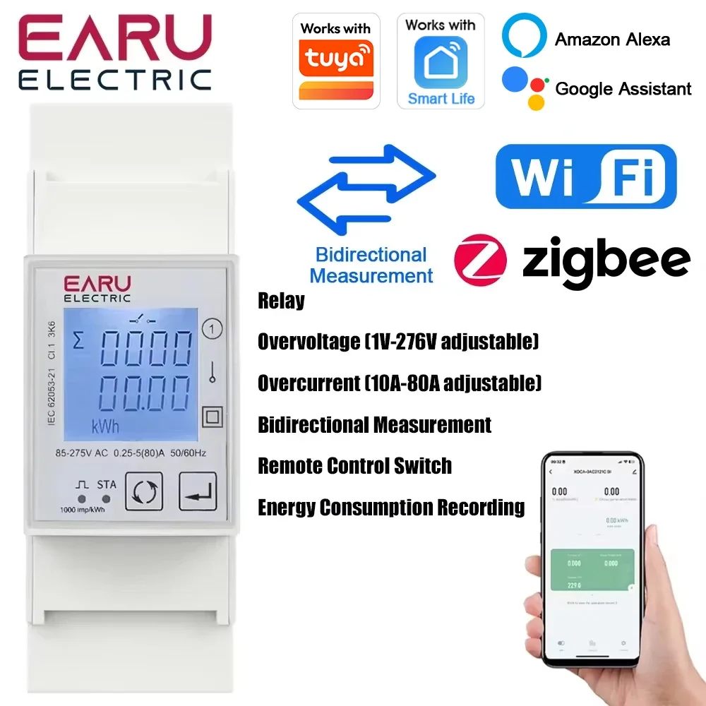 Tuya WiFi ZigBee 110V 220V 80A Smart Single Phase Two-way Bidirectional Energy Meter Timer Power Consumption Monitor KWh Meter