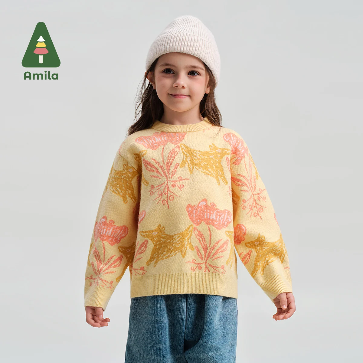 Amila Baby Sweater 2024 Winter New High Quality Girls Flower Pattern Round Neck Warm Soft Loose Comfortable Children’s Tops