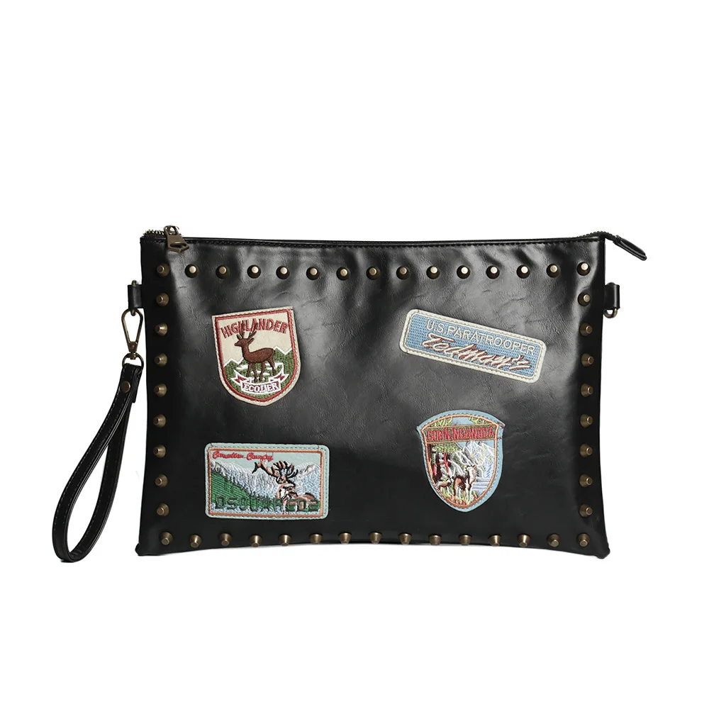 New Fashion Rivet Clutch Men Hand Bag Embroidery Badge Clutch with Shoulder Strap Multifunction Crossbody Bag Men Clutches Bag