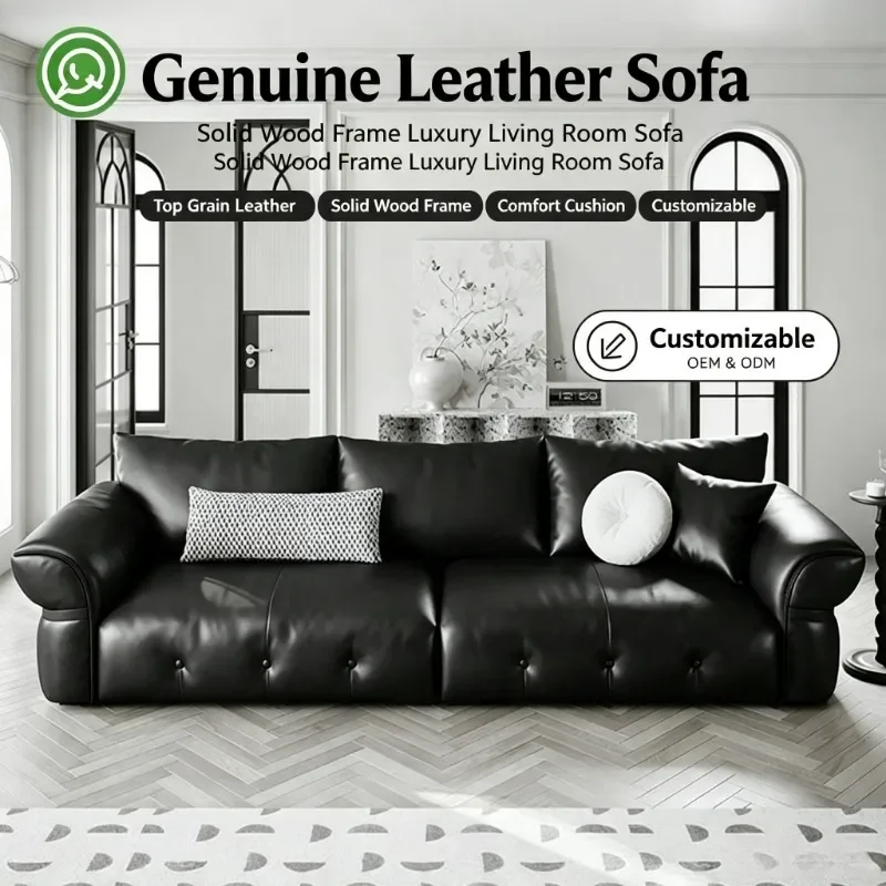 French Retro Genuine Leather Sofa, Button Tufted Solid Wood Frame Large Seating Depth Couch for Living Room Home Furniture