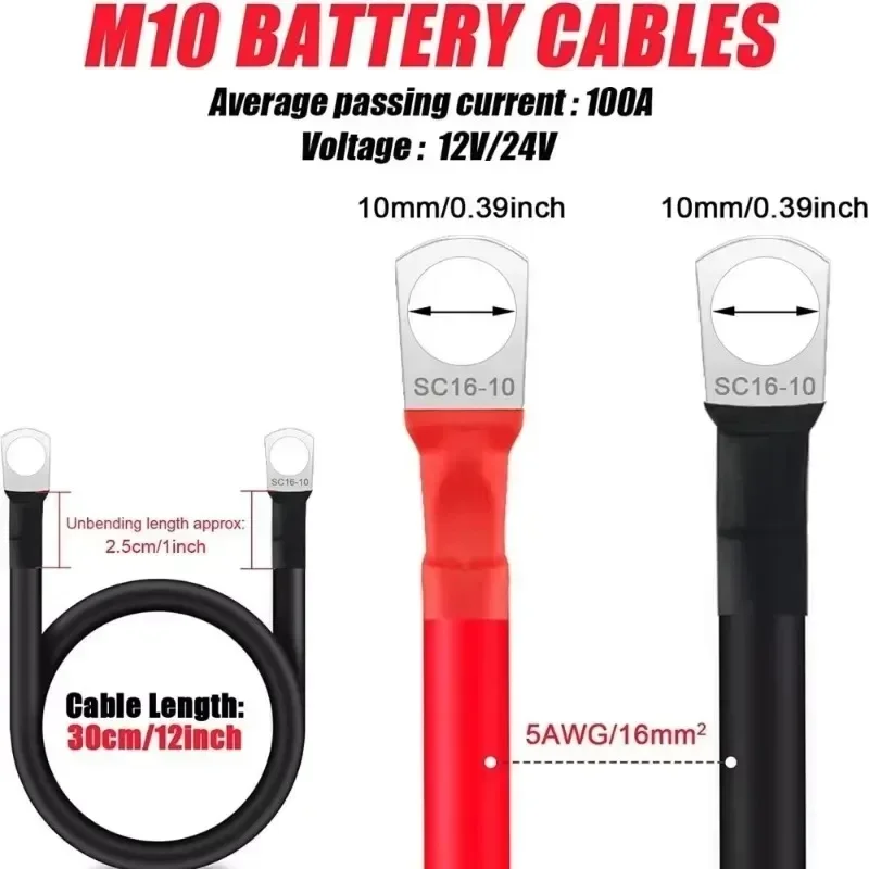 1pair 2/4AWG 30CM Battery Inverter Cable Set with Terminals Stranded Copper Cord Solar Power Connection Wire with Lugs