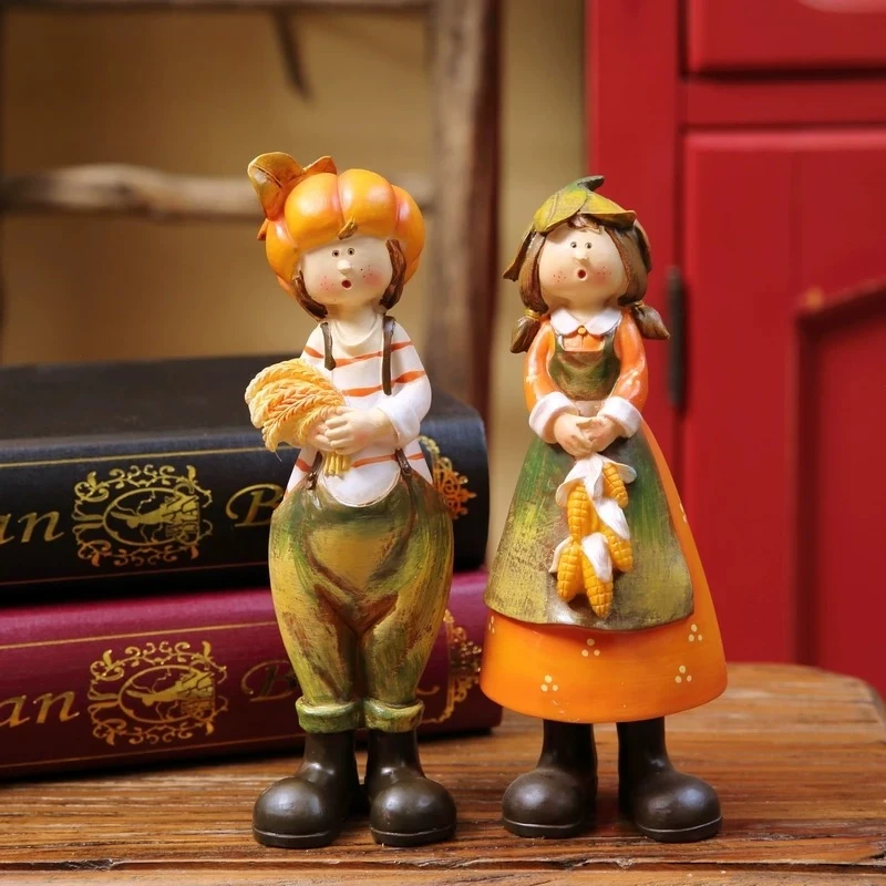 Vintage Oil Painting Couple Ornament, Pumpkin Country Resin Statue, Creative Desktop Decor for Halloween Birthday Gift