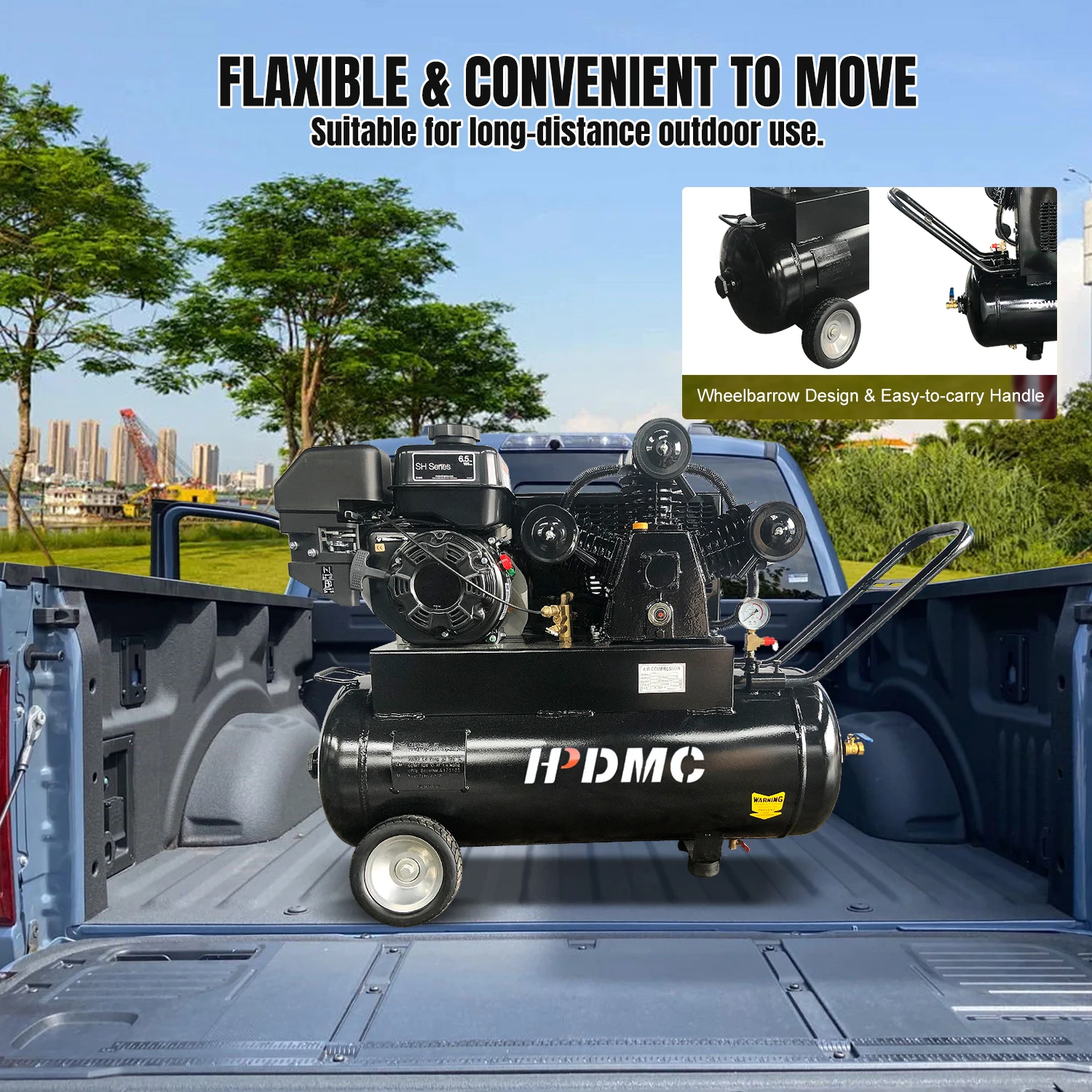 6.5HP Protable Heavy duty Compressor 20-Gallon Horizontal Portable Single-Stage 17cfm@125psi KOHLER Engine Industrial Gas Driven