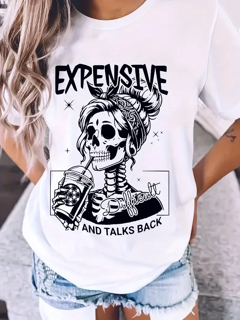 Expensive Difficult Letter Skull Print Casual T-Shirt Graphic Print Design Round Neck Tee Summer Trendy Y2k Fashion Women's Tops