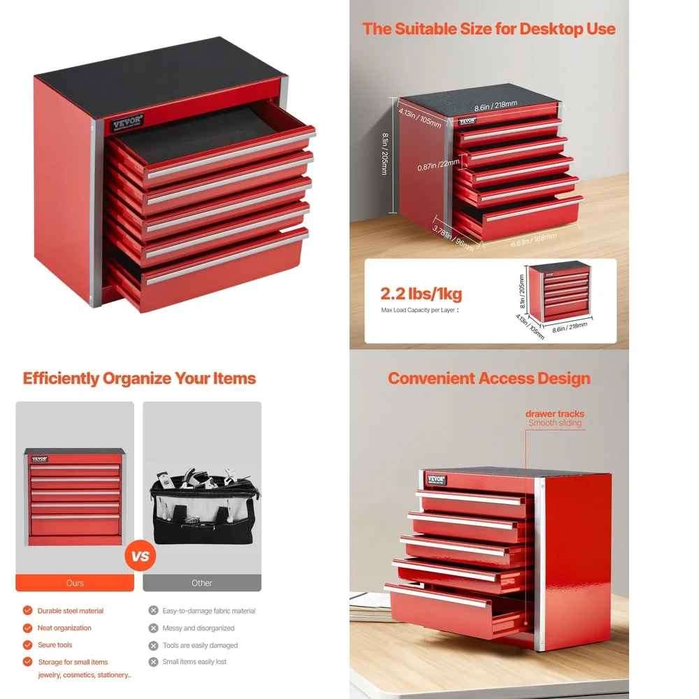 Tool BoxPortable 8.6 Inch Metal Tool Box with 5 Drawers for Organized Storage Red