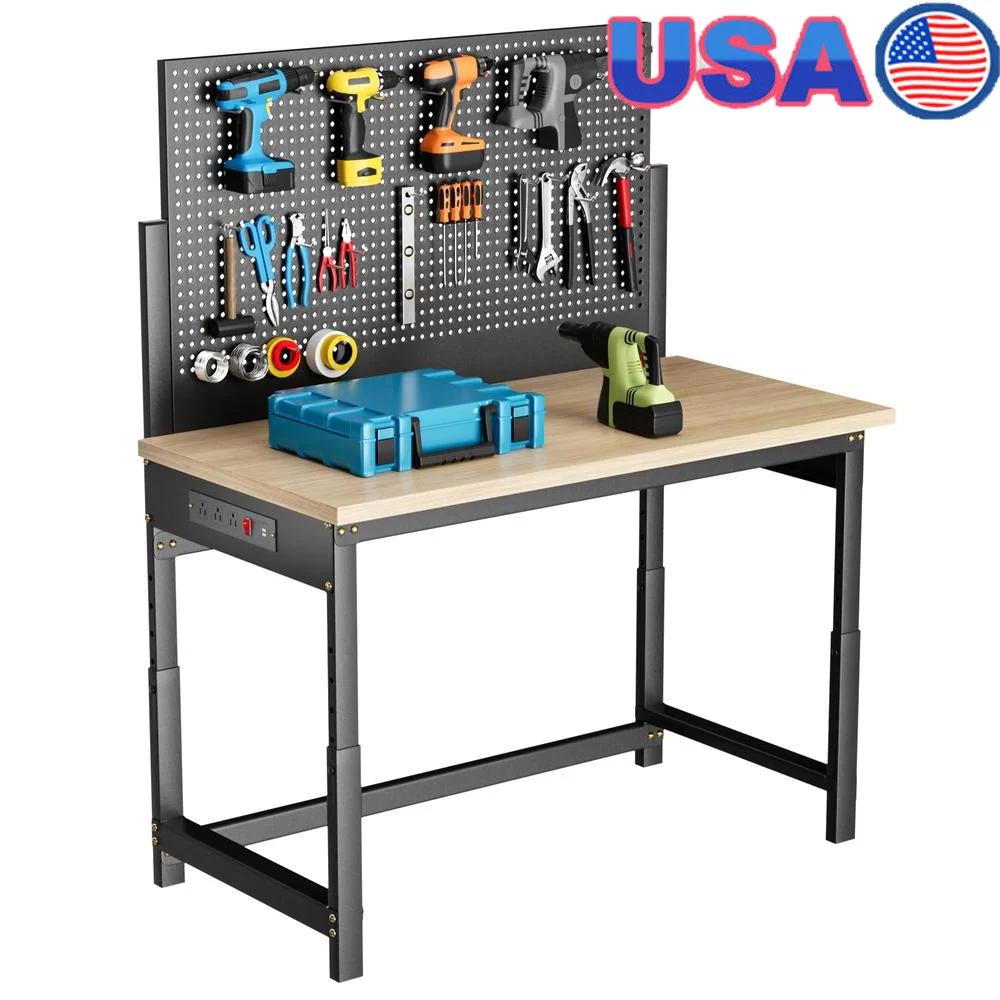 Height Adjustable Workbench Heavy Duty Table Power Outlets Garage Steel Frame Pegboard Storage Multi-Functional Office Shop