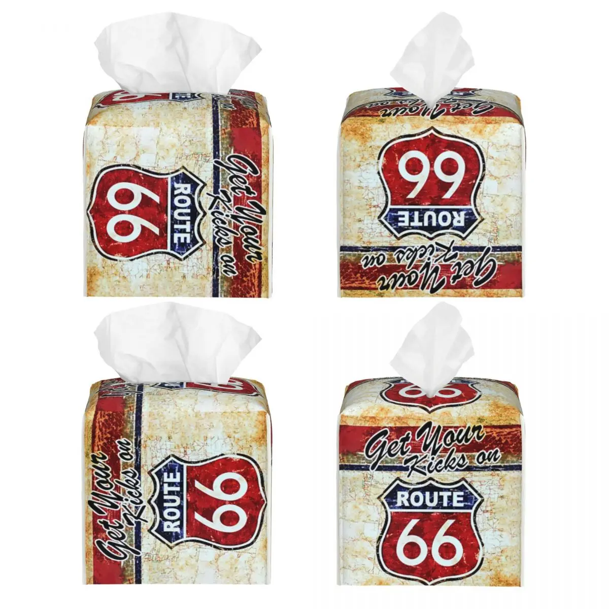 Custom Vintage Route 66 Tissue Box Cover Square PU Leather American Road Facial Tissues Holder for Bathroom