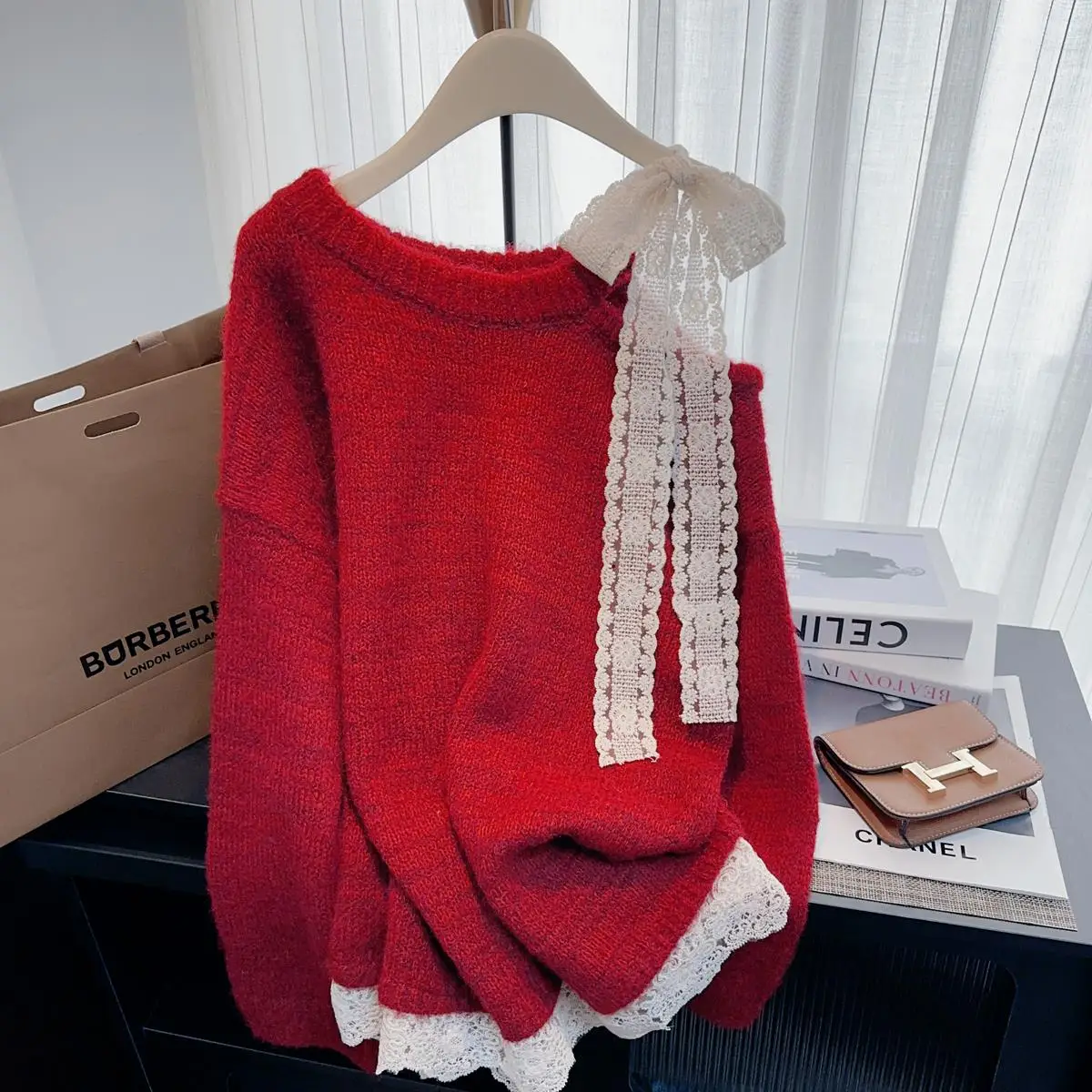 2025 New Sweet Off Shoulder Sweater Women's Autumn/Winter Lace Bow Blue Knitted Shirt Top Classic O-Neck Long Sleeve Pullover